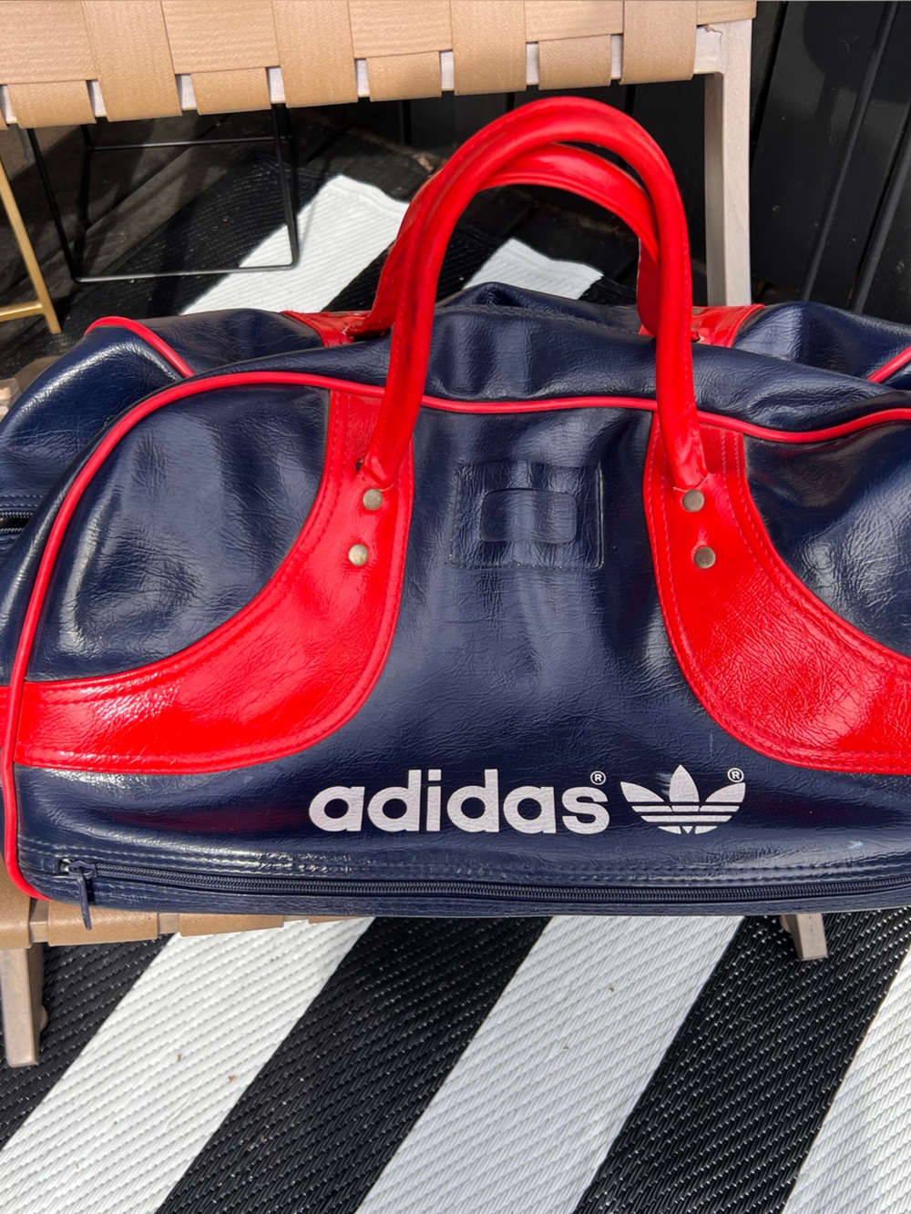 adidas Navy and Red Retro Travel Duffel Bag with Trefoil Logo tiny snag in vinyl
